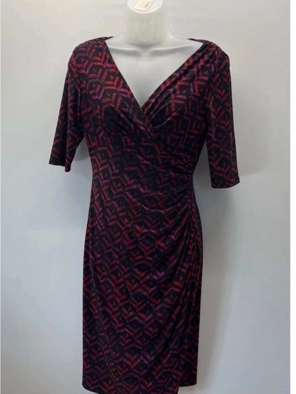 Ralph Lauren Burgundy & Black Geometric Wrap-Style Midi Dress